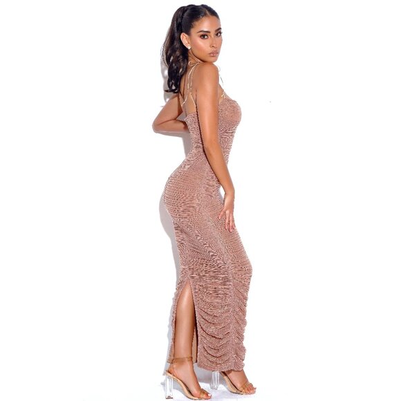 The Glint Rose Gold Ruched Chiffon Long Maxi Dress - Picture 3 of 8